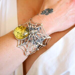 Baltic Green Amber Spider Cuff Bracelet- Sterling Silver -Handmade